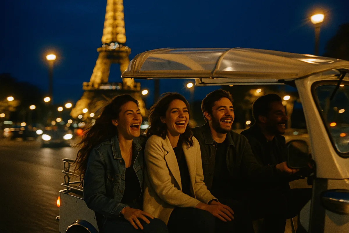 Trois amis riant dans un tuktuk ouvert la nuit près du Trocadéro, lumières dorées filées par le mouvement, Tour Eiffel illuminée derrière eux