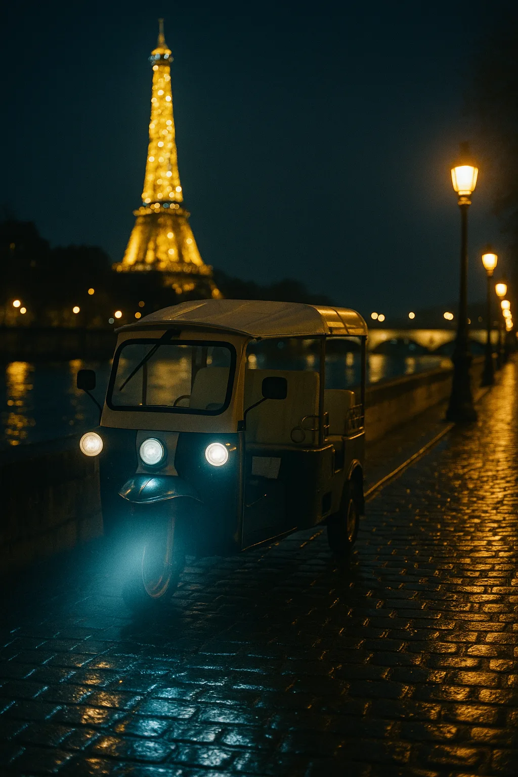 Tuktuk électrique phares allumés sur les pavés mouillés d'un quai de Seine, la Tour Eiffel scintillante en arrière-plan