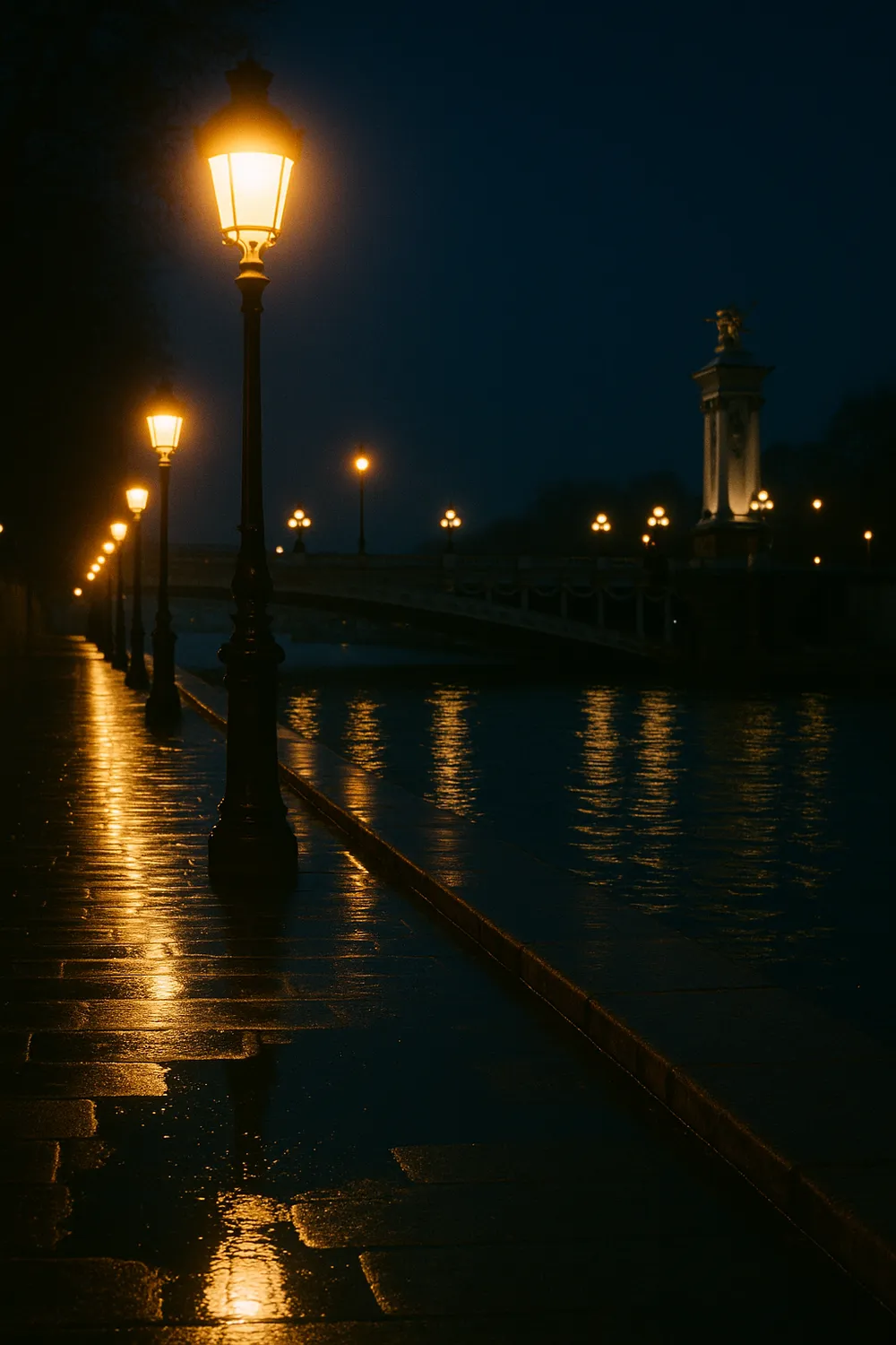 Quai de Seine désert la nuit, rangée de réverbères parisiens dorés reflétés sur la pierre mouillée